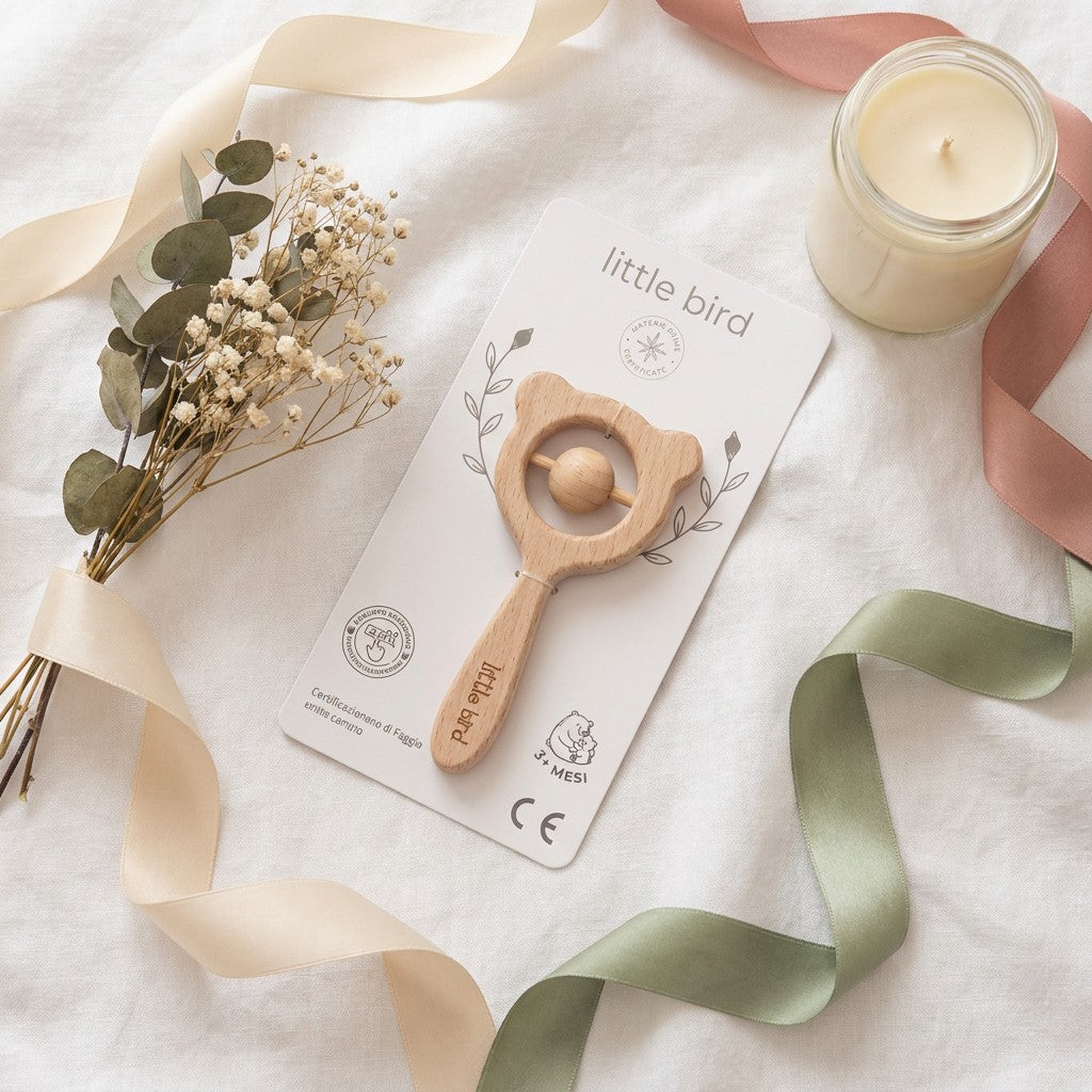 Little Bird - Kit Nascita Premium Baby in Arrivo - Bavetta + Portaciuccio + Massaggiagengive Legno - Regalo Nascita