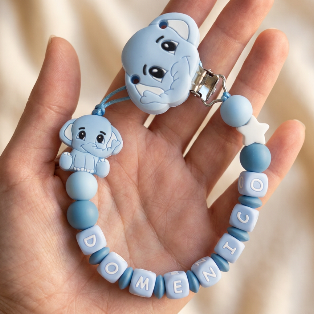 Little Bird- Portaciuccio Elefante Azzurro personalizzato con nome - 100% BPA free - Regalo Nascita