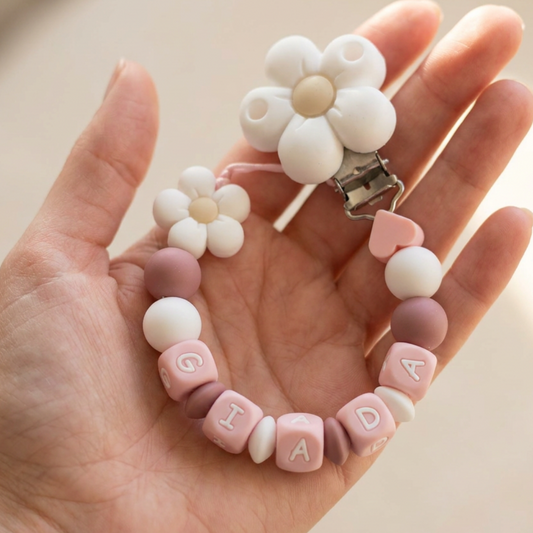 Little Bird- Portaciuccio Fiore Bianco personalizzato con nome - 100% BPA free - Regalo Nascita