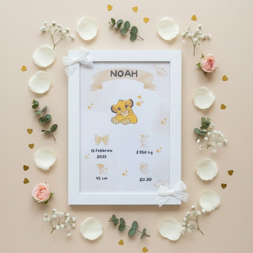 Little Bird - Quadretto Nascita Simba Personalizzato con Nome, Data, Peso, Altezza e Orario - Idea Regalo Nascita e Battesimo