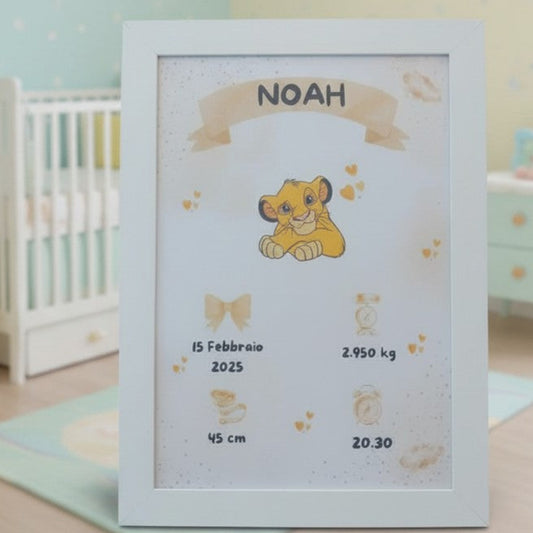 Little Bird - Quadretto Nascita Simba Personalizzato con Nome, Data, Peso, Altezza e Orario - Idea Regalo Nascita e Battesimo