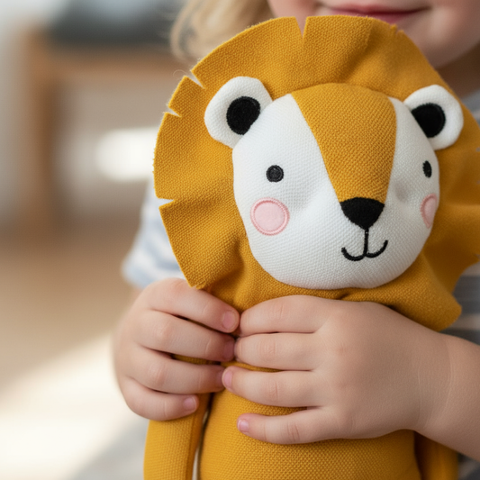 Manine di bambino con peluche leone