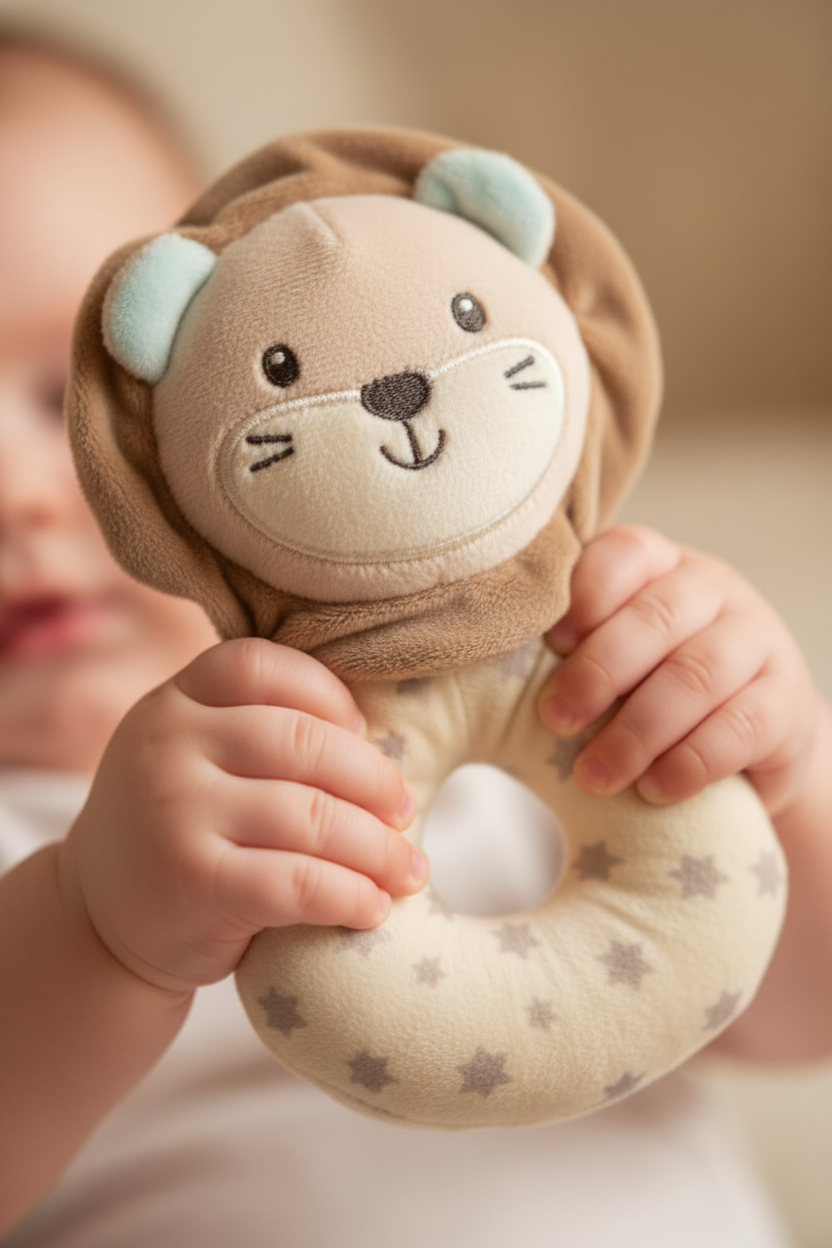 Manine di bambino con sonaglino leoncino