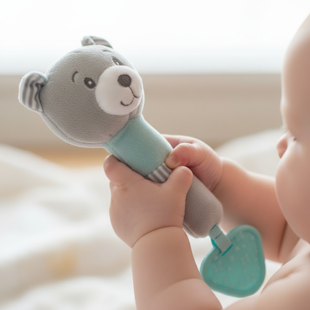 Manine di bambino con sonaglino orsetto