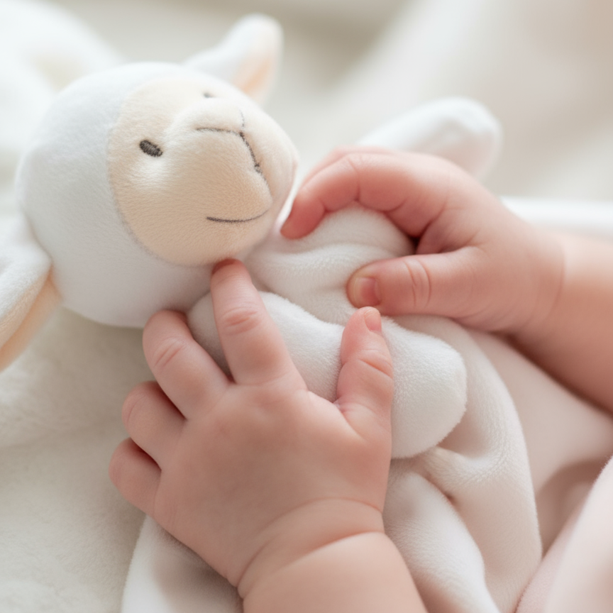 Manine di neonato con doudou agnellino