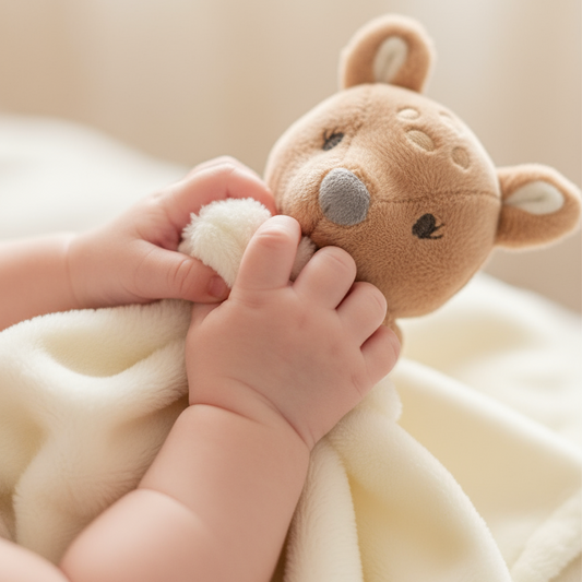 Manine di neonato con doudou cerbiatto