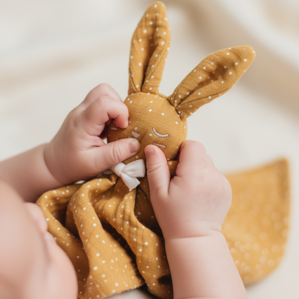 Manine di neonato con doudou coniglietto ocra