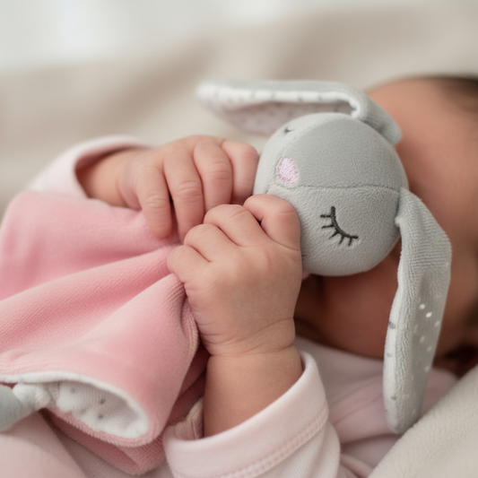 Manine di neonato con doudou coniglietto
