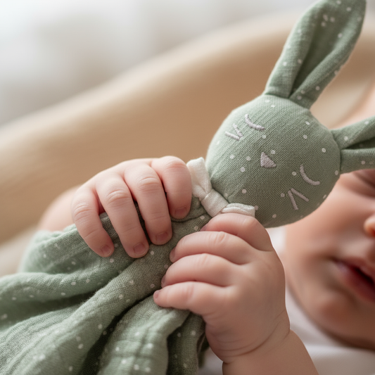 Manine di neonato con doudou coniglietto