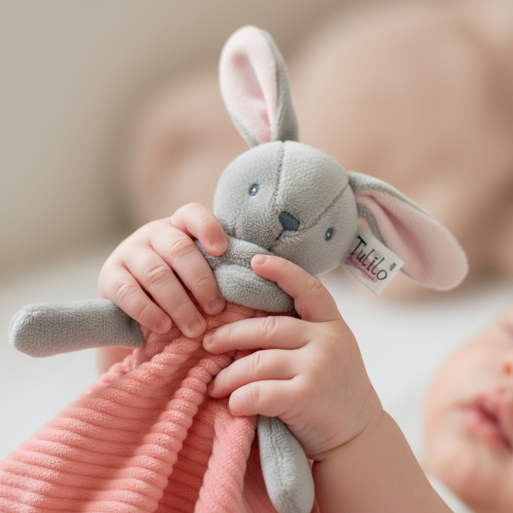 Manine di neonato con doudou coniglietto