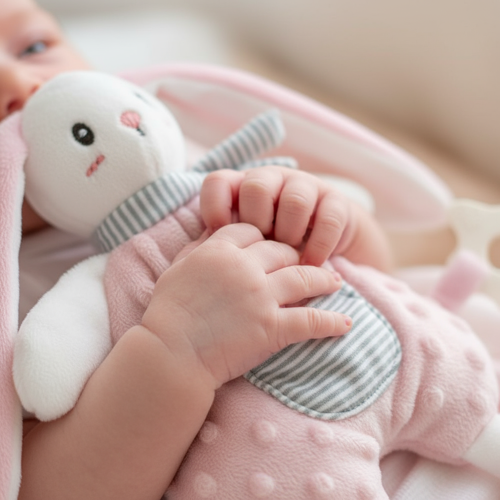 Manine di neonato con doudou coniglietto