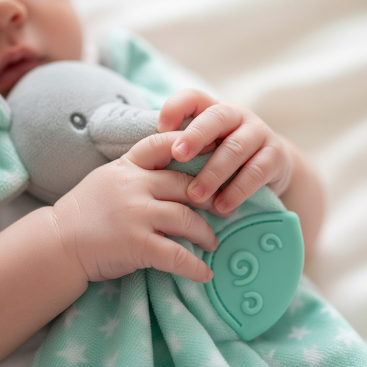 Manine di neonato con doudou elefantino