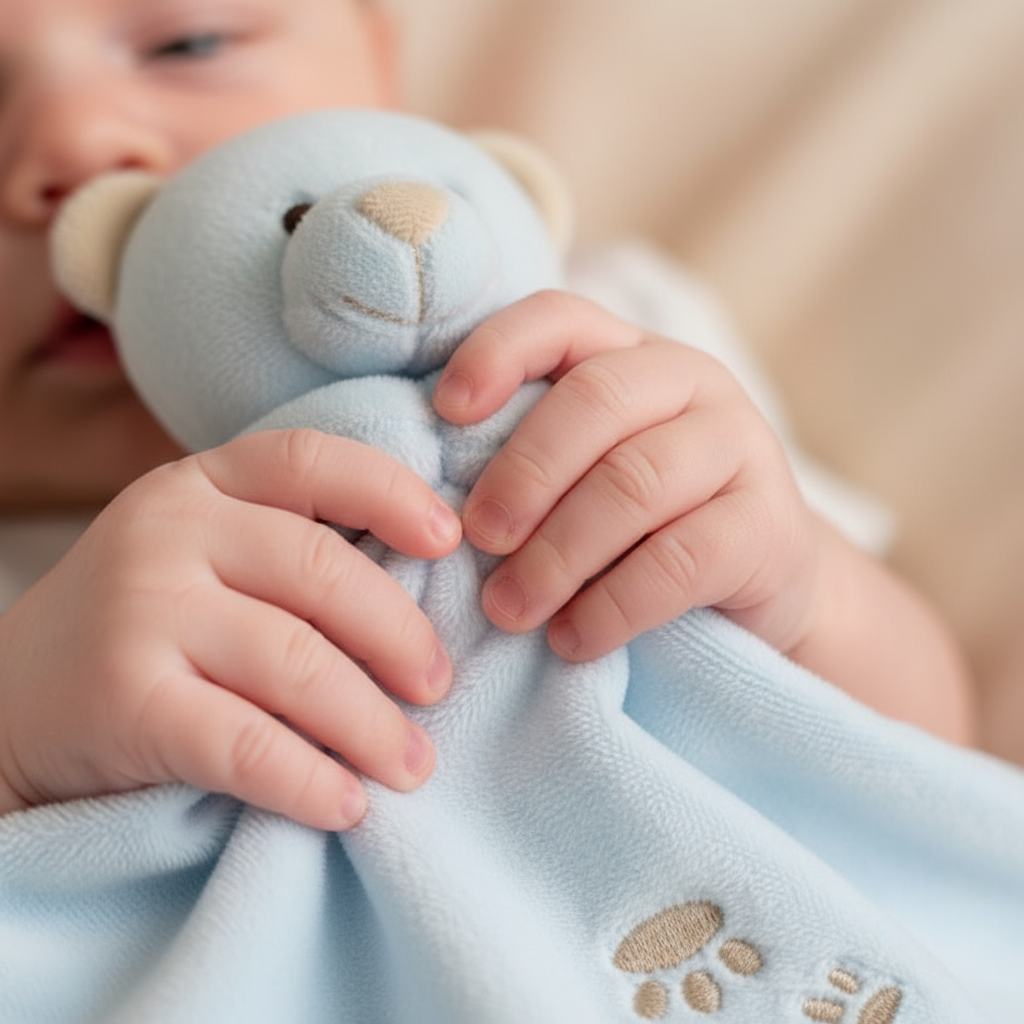 Manine di neonato con doudou orsetto
