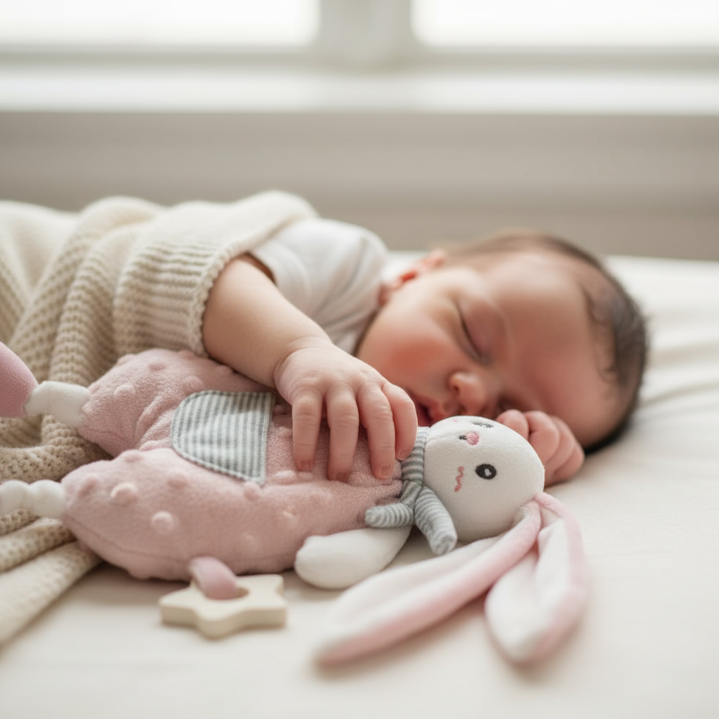 Neonato con doudou coniglietto bianco e rosa