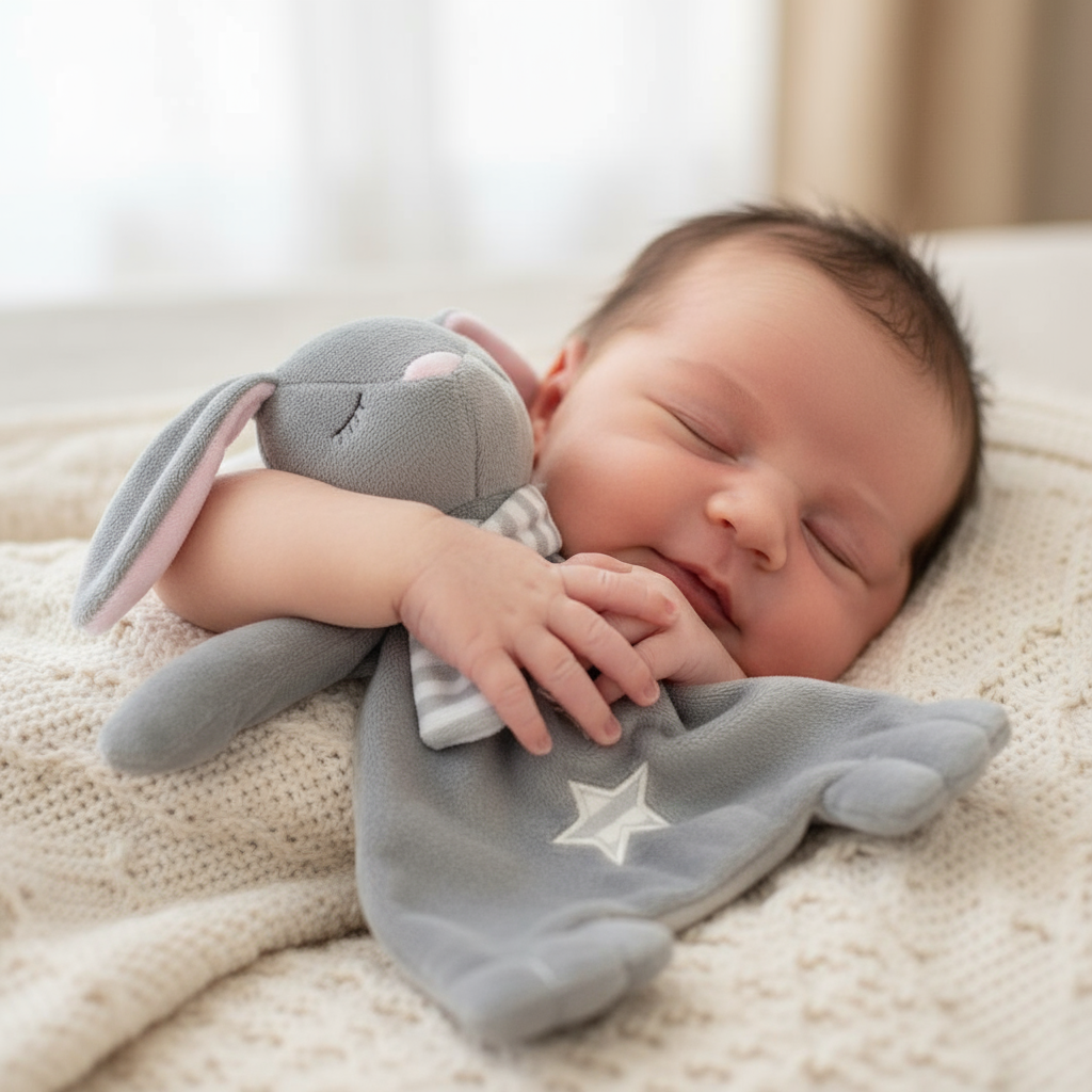 Neonato con doudou coniglietto grigio con sciarpa