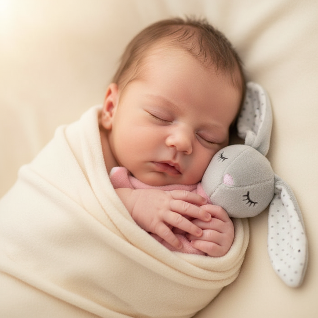 Neonato con doudou coniglietto grigio e rosa