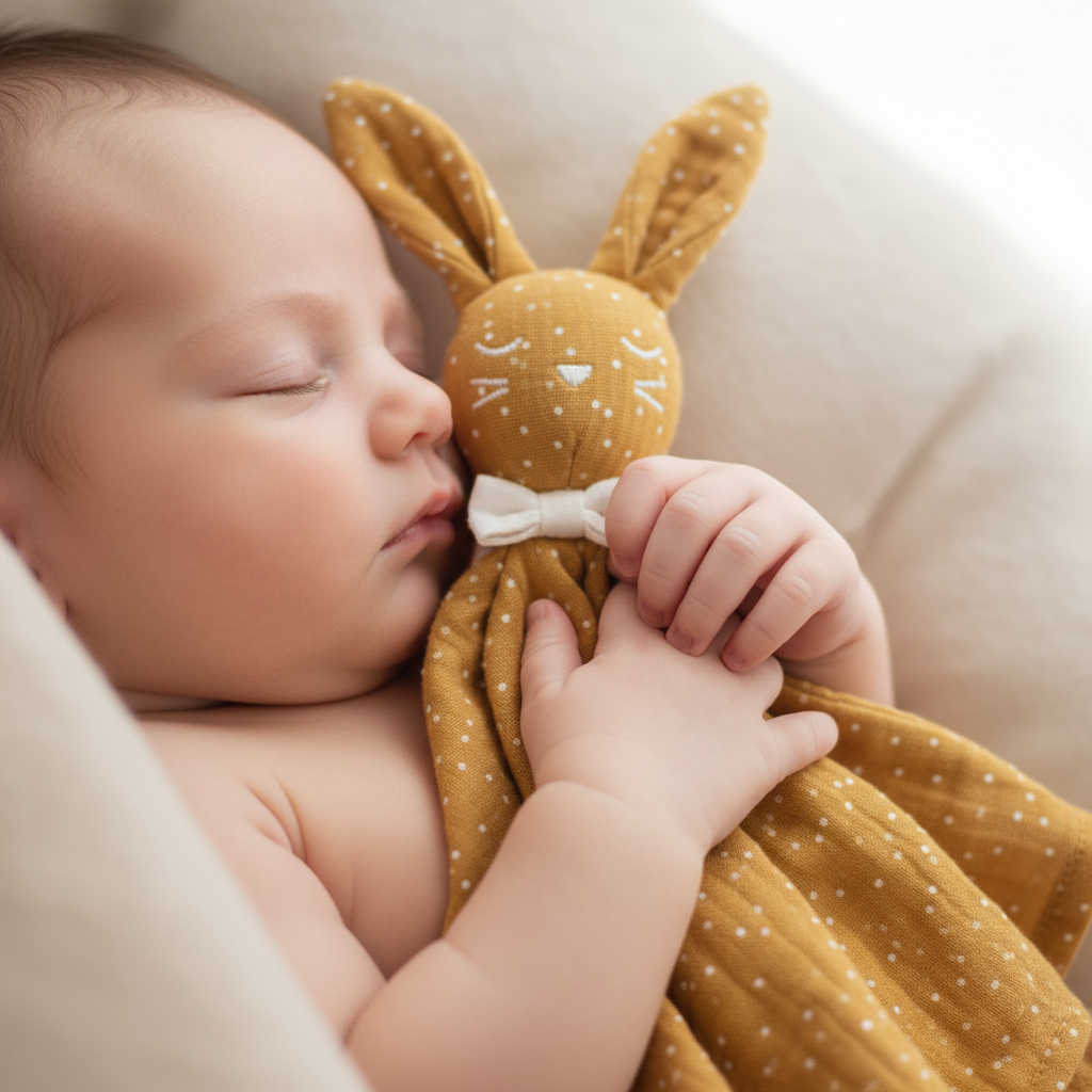 Neonato con doudou coniglietto ocra