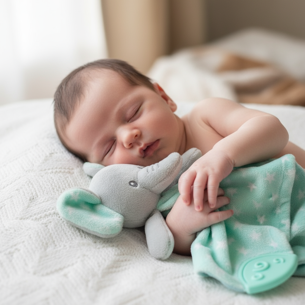 Neonato con doudou elefantino grigio e verde acqua