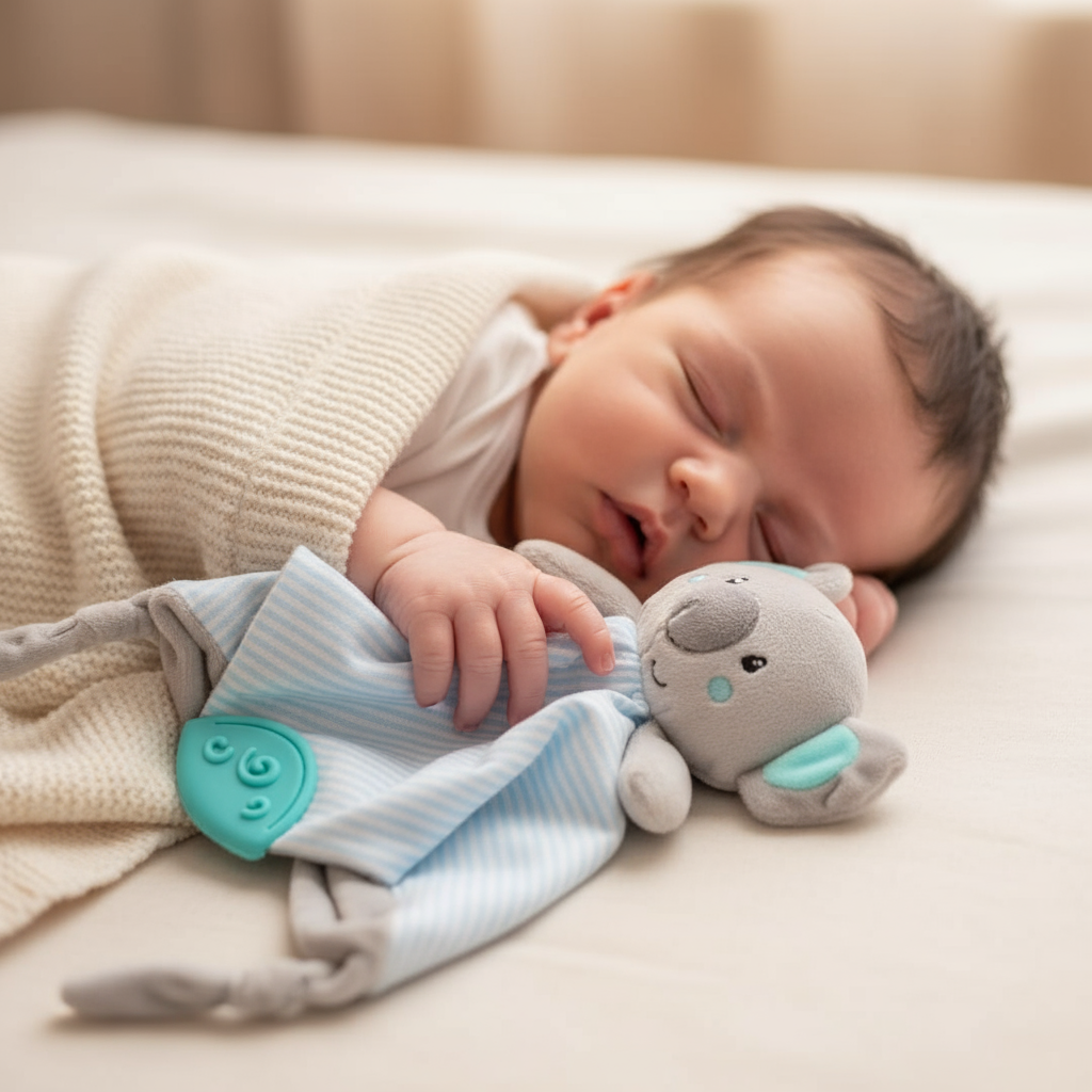 Neonato con doudou koala grigio e azzurro