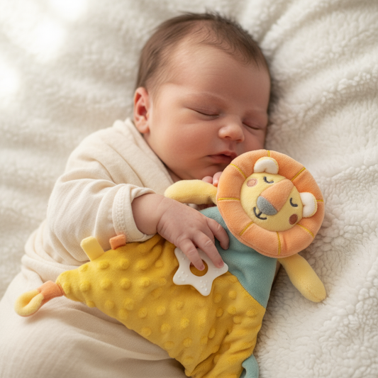 Neonato con doudou leoncino arancione e giallo