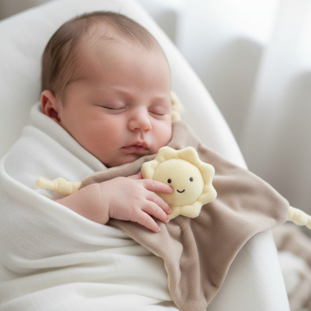 Neonato con doudou nuvoletta gialla