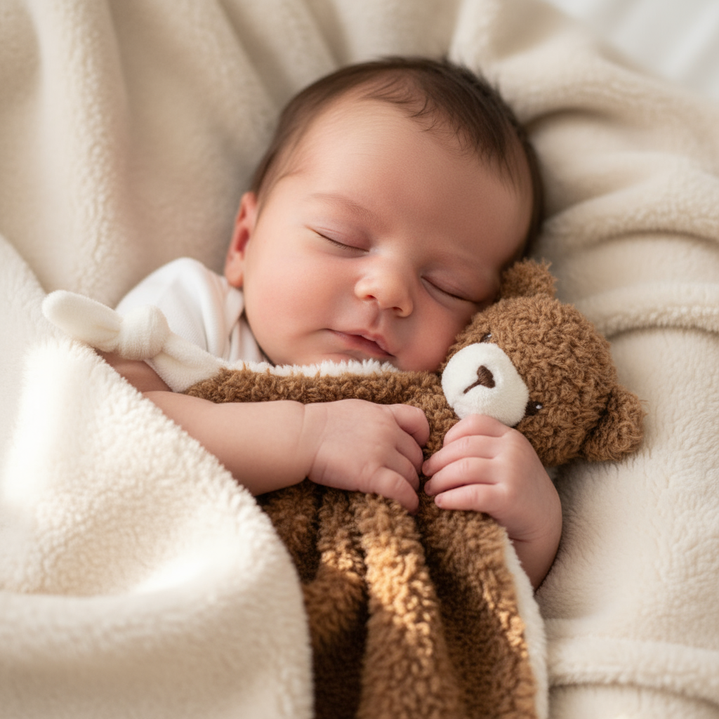 Neonato con doudou orsetto marrone soffice