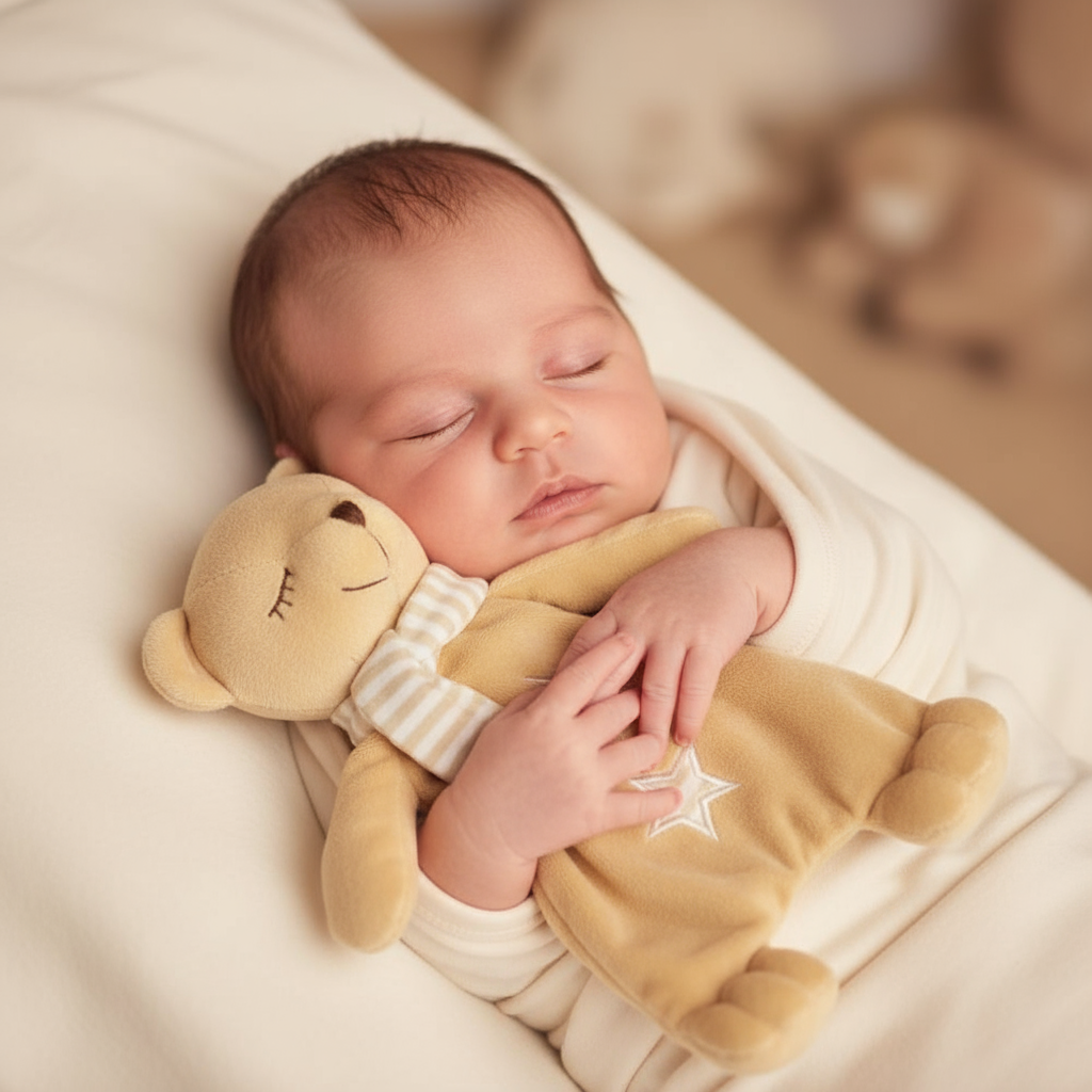 Neonato con orsetto peluche beige