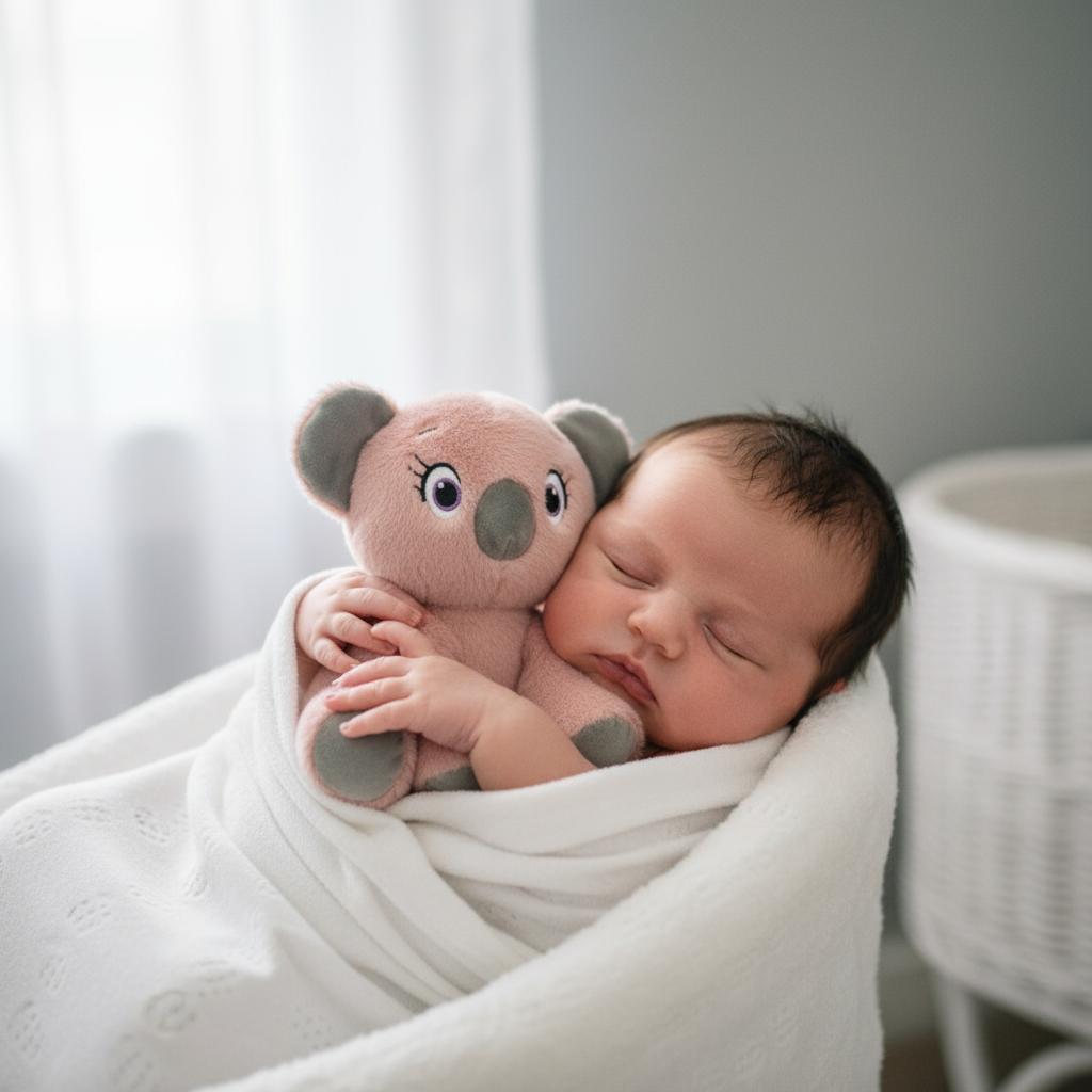 Neonato con peluche koala rosa