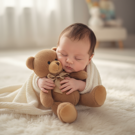 Neonato con peluche orsetto beige
