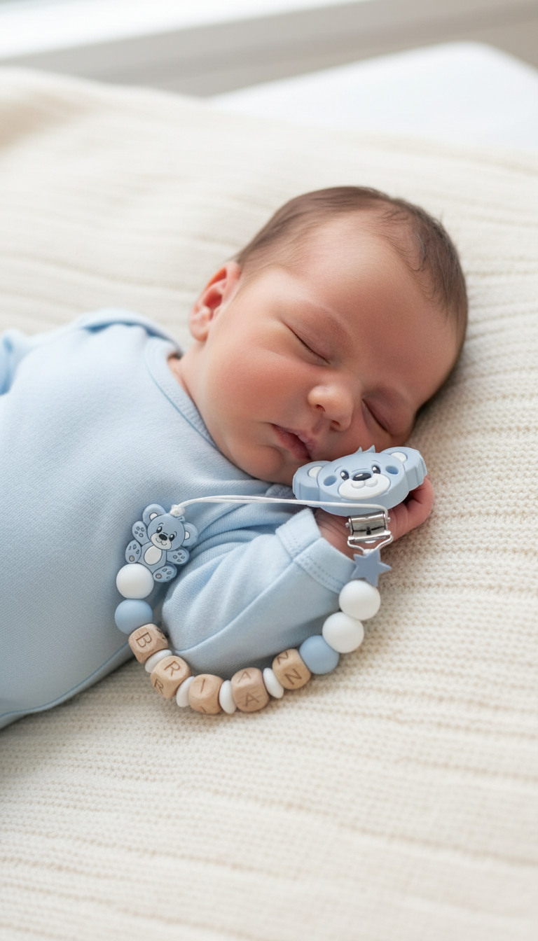 Neonato con portaciuccio azzurro