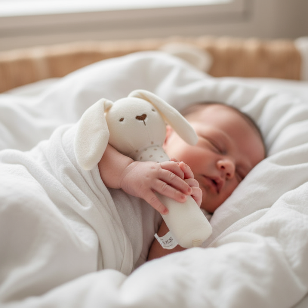 Neonato con sonaglino coniglietto bianco