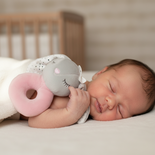 Neonato con sonaglino coniglietto grigio e rosa