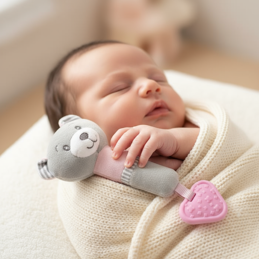 Neonato con sonaglino orsetto grigio e rosa