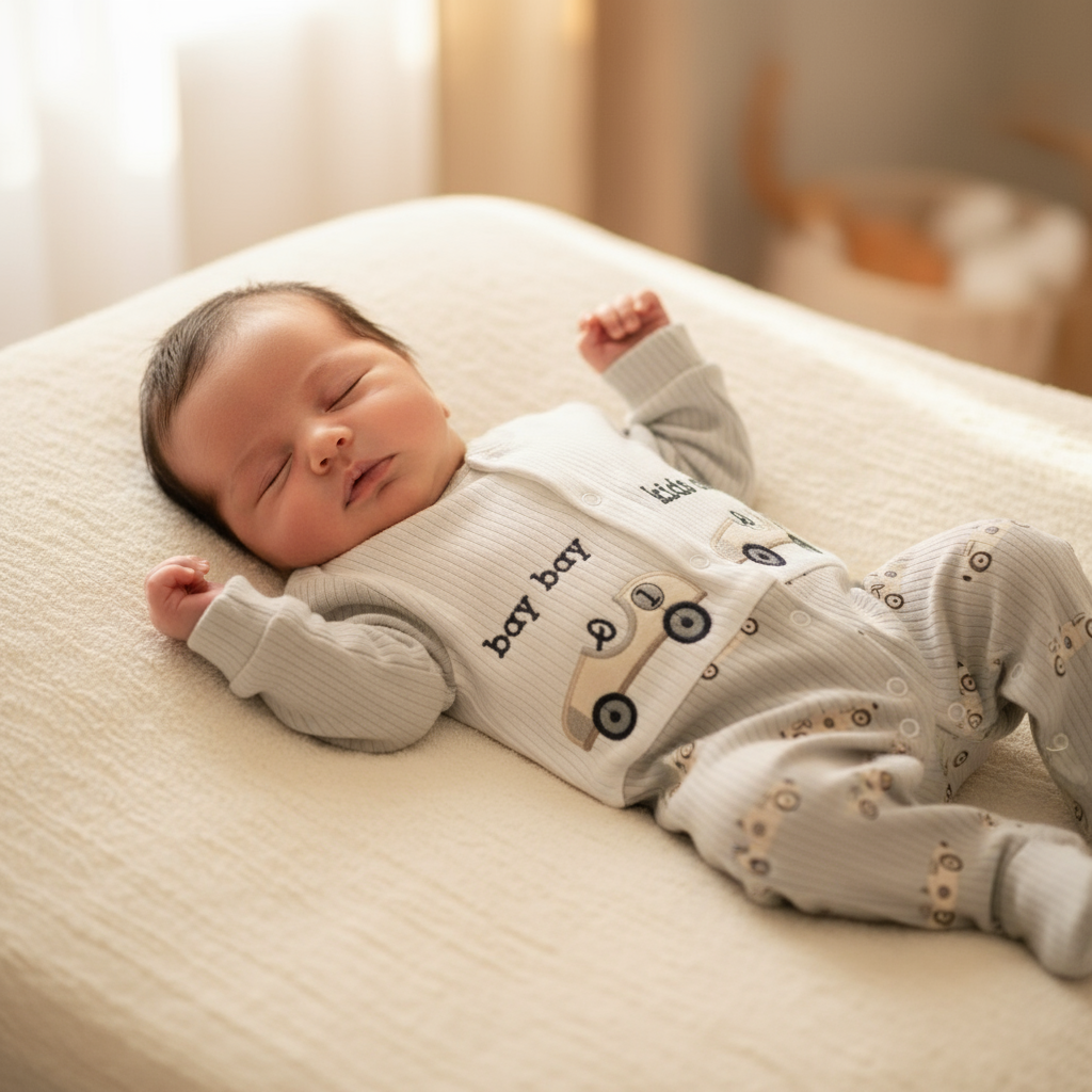 Neonato con tutina beige