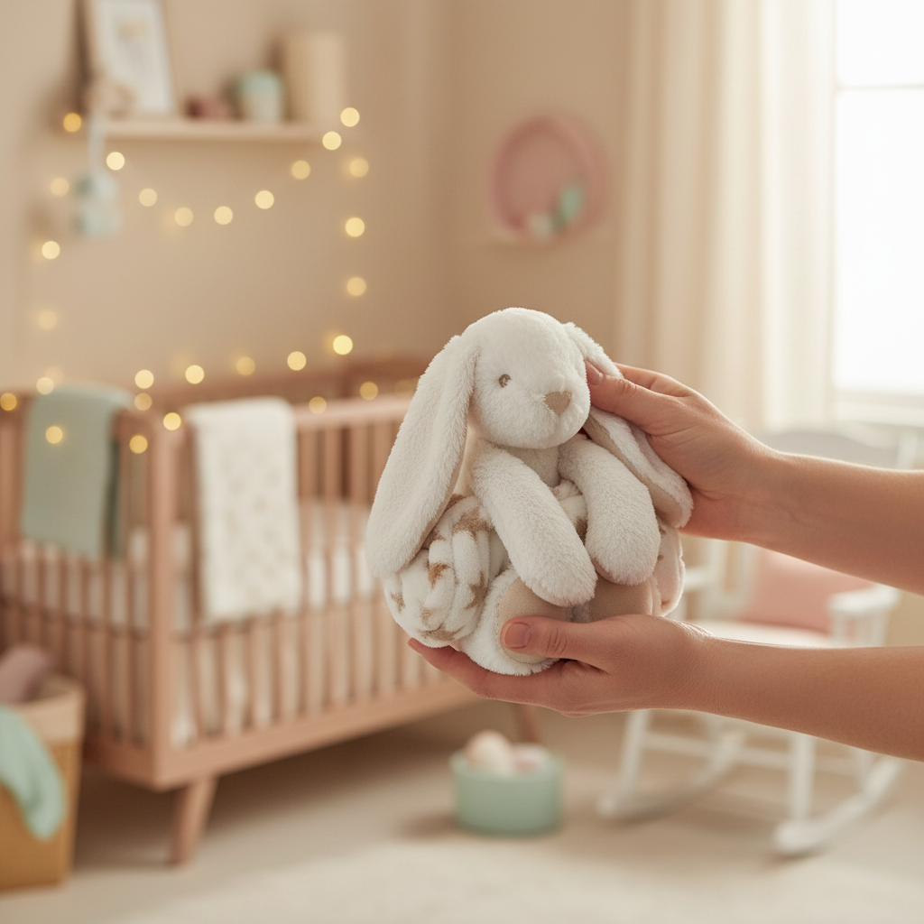 Peluche coniglietto originale tra le mani in cameretta