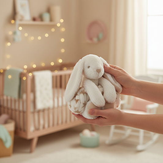 Peluche coniglietto originale tra le mani in cameretta