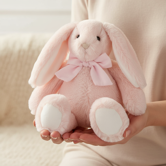 Peluche coniglietto rosa nelle mani della mamma