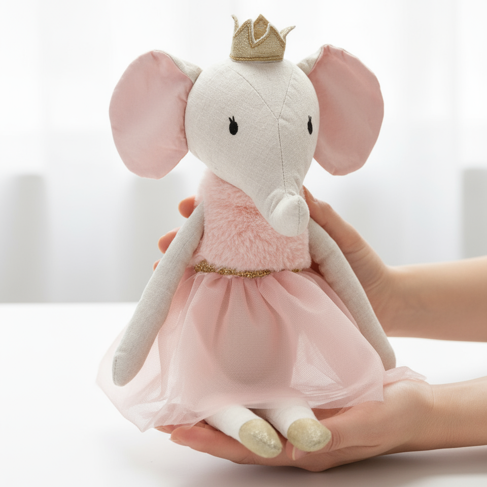 Peluche elefantina principessa nelle mani della mamma