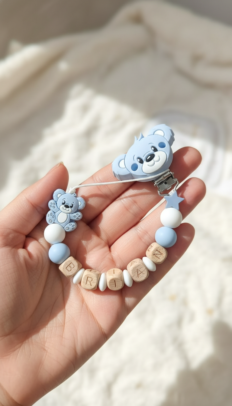 Portaciuccio azzurro nelle mani della mamma