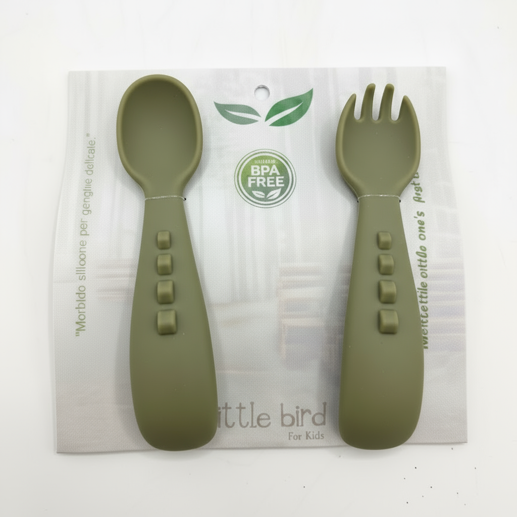 Set Posate Bambini a Forma di Drachetto Olive - Forchetta e Cucchiaio Little Bird