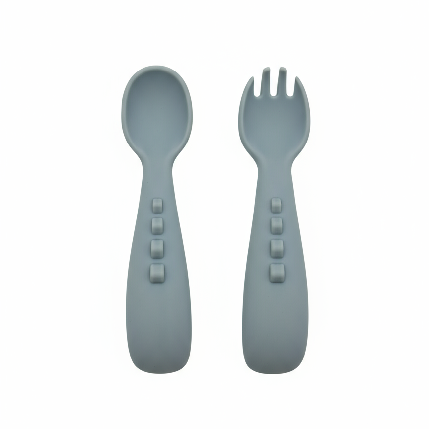 Set Posate Bambini a Forma di Drachetto Dusty Blue - Forchetta e Cucchiaio Little Bird