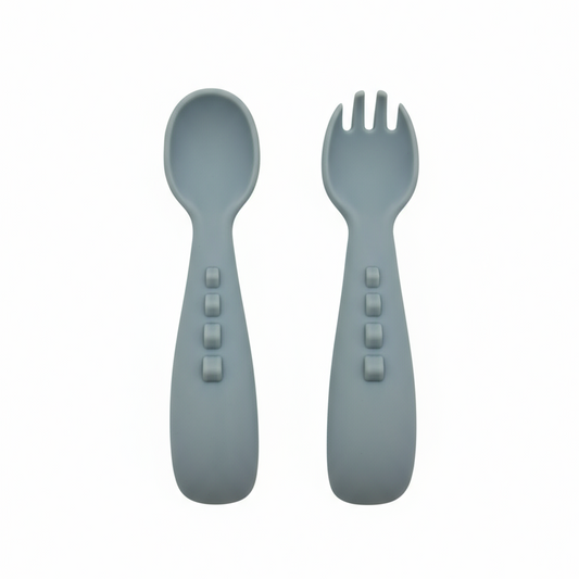 Set Posate Bambini a Forma di Drachetto Dusty Blue - Forchetta e Cucchiaio Little Bird