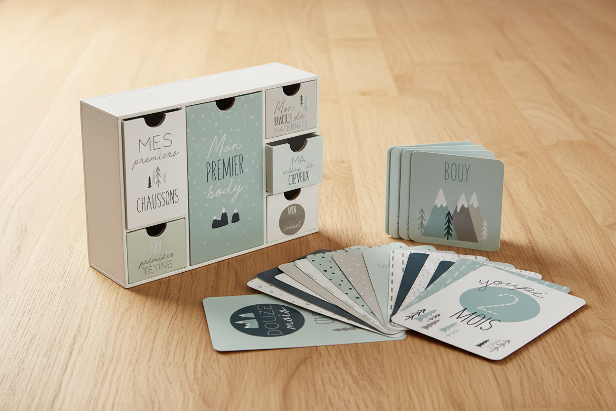 Scatola Ricordi + Card 12 Mesi Verde - lifestyle su legno
