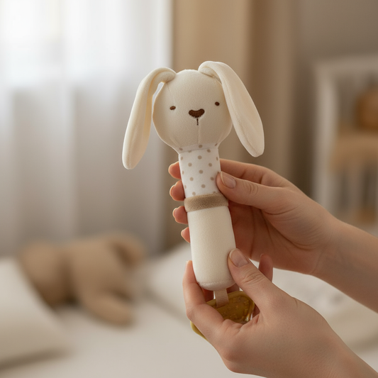 Sonaglino coniglietto nelle mani della mamma