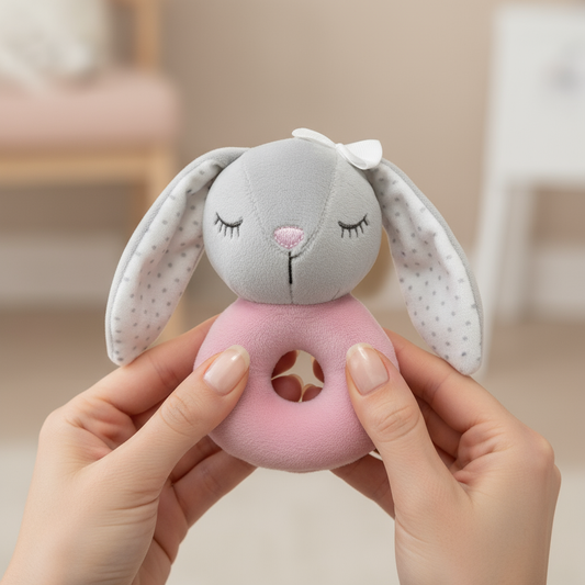 Sonaglino coniglietto nelle mani della mamma