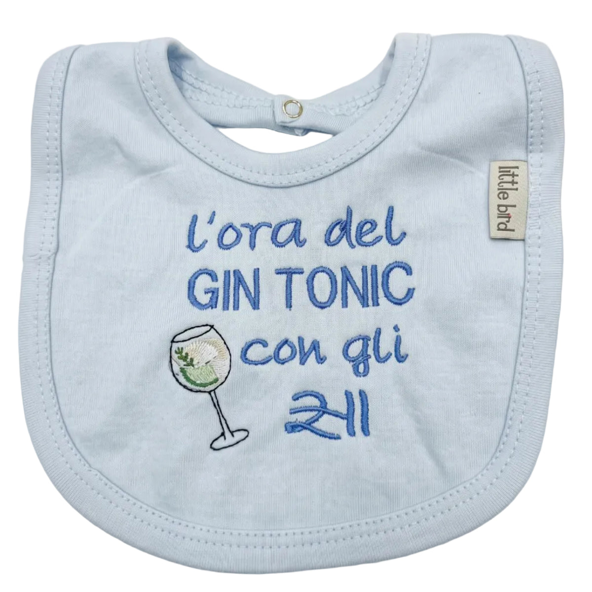 Little Bird - Bavetta Celeste "L’ora del Gin Tonic con gli Zii" - Ricamata - 100% Cotone Anallergico - Regalo Nascita